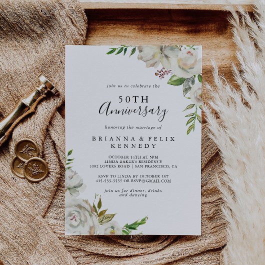 White Winter Peony Floral 50. Hochzeitstag Einladung