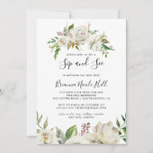 White Winter Peony Floral Sip and See Einladung (Vorderseite)