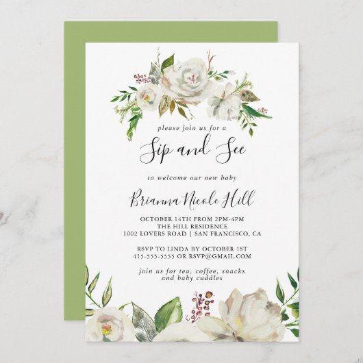 White Winter Peony Floral Sip and See Einladung (Vorne/Hinten)