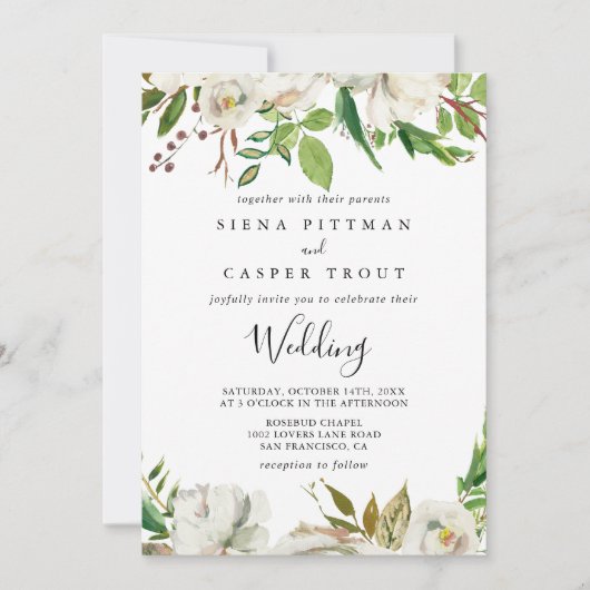 White Winter Peony Front & Back Wedding Einladung (Vorderseite)