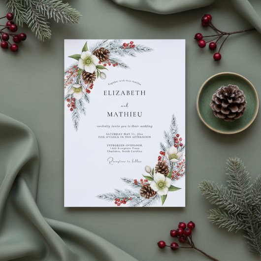 White Winter Pine Bloom Wedding Einladung
