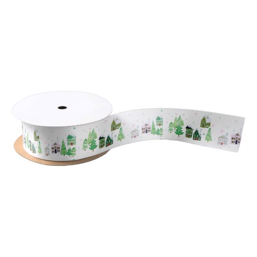 White Winter Village Satin Ribbon Satinband (Spule)