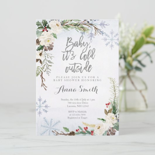 White Winter Weihnachtsschneeflocken Babydusche Einladung (Stehend Vorderseite)