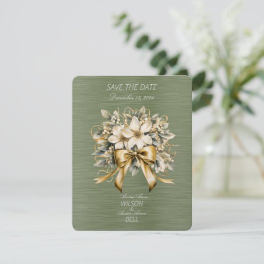 White Winterberry Green Leaf Gold Ribbon Weihnacht RSVP Karte (Stehend Vorderseite)