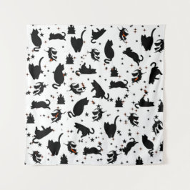 White Witchy Cats & Castle Tapestes Wandteppich