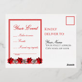 White With Red Poinsettias Response Postcard Folien Feiertagspostkarte (Rückseite)