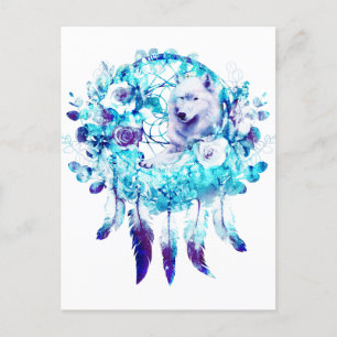 White Wolf Dreamcatcher Lila Blue Floral Postkarte