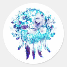 White Wolf Dreamcatcher Lila Blue Floral Runder Aufkleber