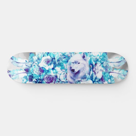 White Wolf Dreamcatcher Lila Blue Floral Skateboard (Horizontal)