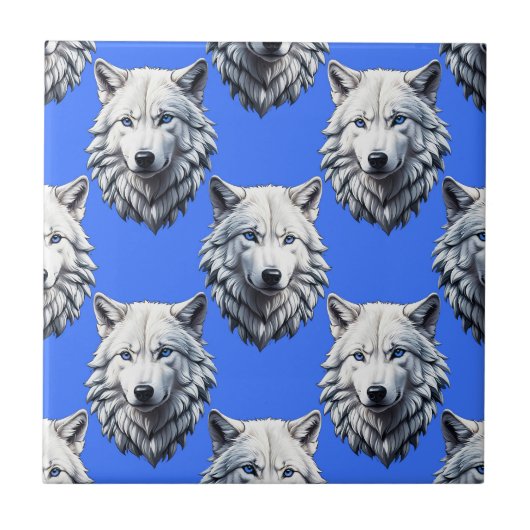 White Wolf Head Muster Design Blau Fliese (Vorderseite)