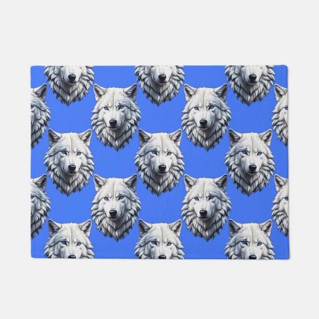 White Wolf Head Muster Design Blau Fußmatte (Vorderseite)
