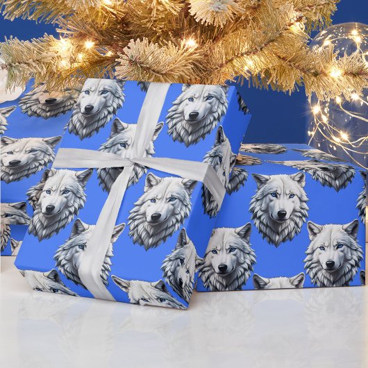 White Wolf Head Muster Design Blau Geschenkpapier