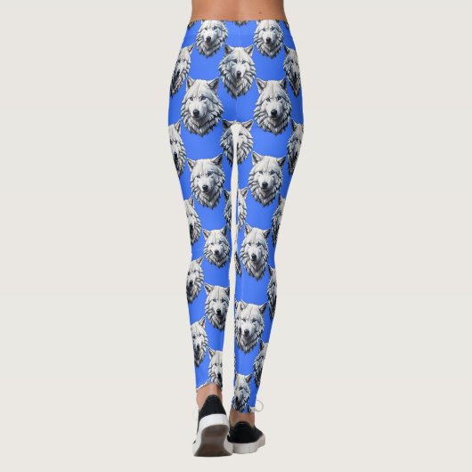 White Wolf Head Muster Design Blau Leggings (Rückseite)