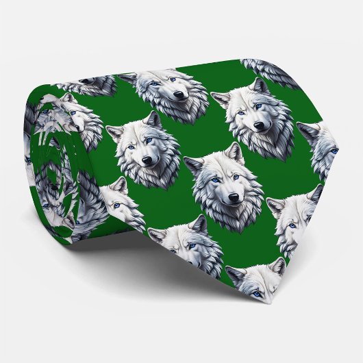 White Wolf Head Pattern Design Green  Krawatte