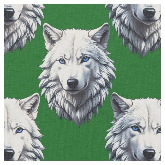 White Wolf Head Pattern Design Green Stoff (Nahaufnahme)