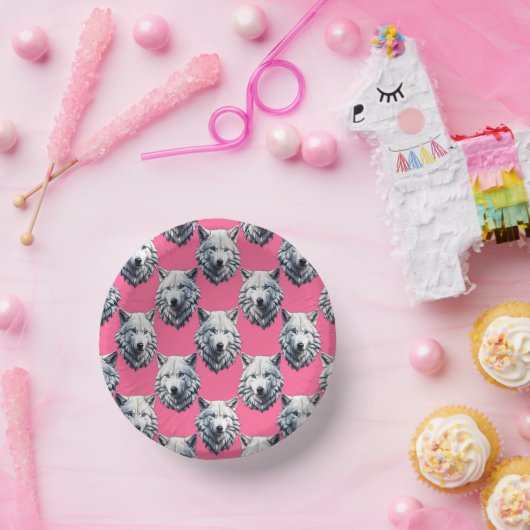 White Wolf Head Pattern Design Pink  Pappteller (Party)