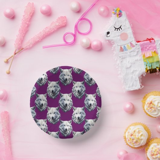 White Wolf Head Pattern Design Purple  Pappteller (Party)