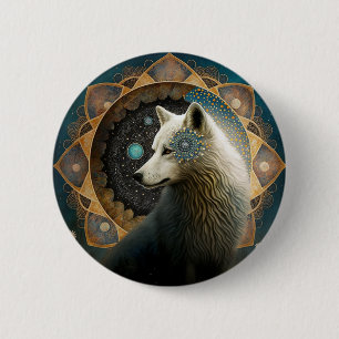 White Wolf Mandala Button