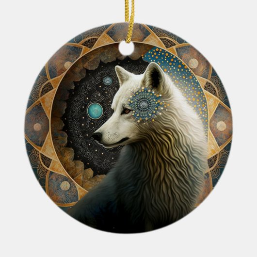 White Wolf Mandala Keramik Ornament (Vorne)