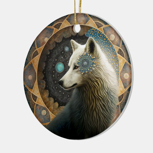 White Wolf Mandala Keramik Ornament (Links)