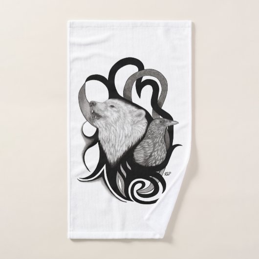 White Wolf mit Raven Tribal Art Badhandtuch Set (Handtuch)