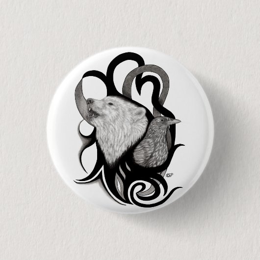 White Wolf mit Raven Tribal Art Button (Vorderseite)