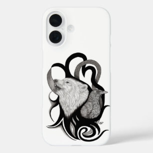 White Wolf mit Raven Tribal Art iPhone 16 Hülle