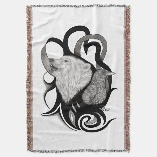 White Wolf mit Raven Tribal Art Decke (Vorderseite Vertikal)