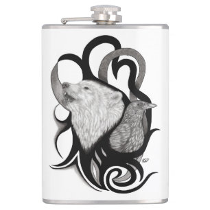 White Wolf mit Raven Tribal Art Flachmann