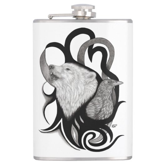 White Wolf mit Raven Tribal Art Flachmann (Vorderseite)