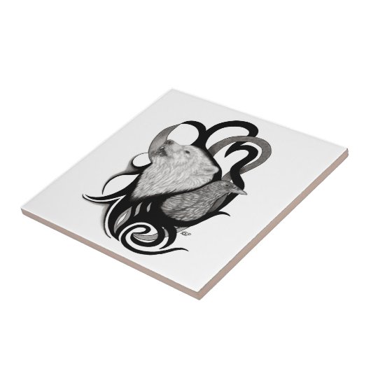 White Wolf mit Raven Tribal Art Fliese (Seite)