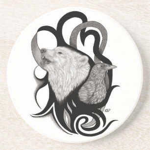 White Wolf mit Raven Tribal Art Getränkeuntersetzer