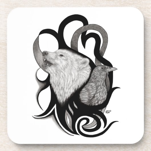 White Wolf mit Raven Tribal Art Getränkeuntersetzer (Vorderseite)