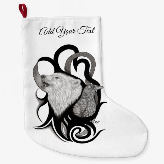 White Wolf mit Raven Tribal Art Großer Weihnachtsstrumpf (Vorderseite)