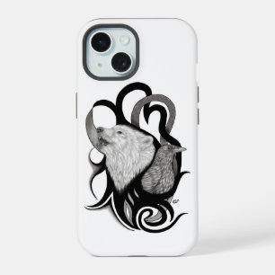 White Wolf mit Raven Tribal Art iPhone 15 Hülle