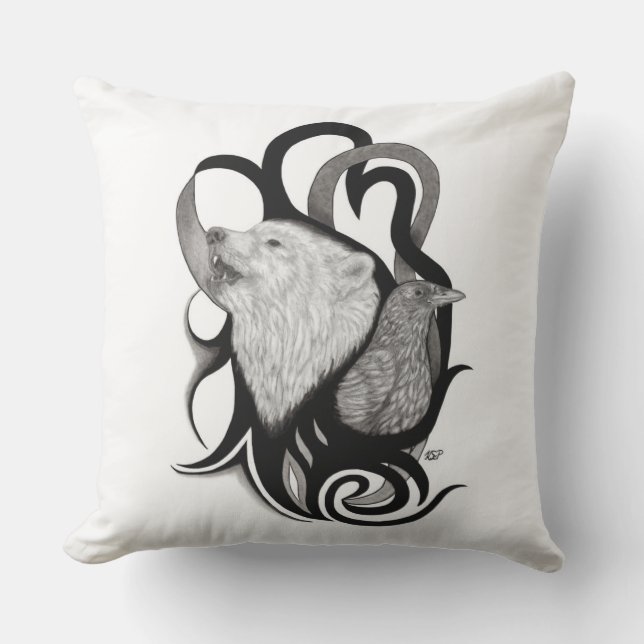 White Wolf mit Raven Tribal Art Kissen (Vorderseite)