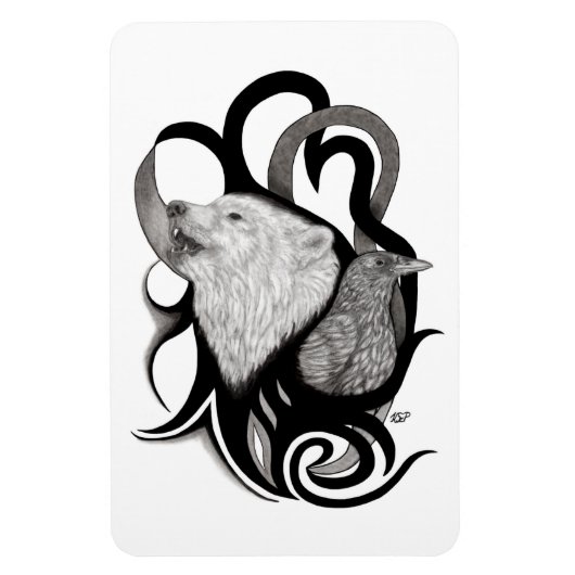 White Wolf mit Raven Tribal Art Magnet (Vertikal)
