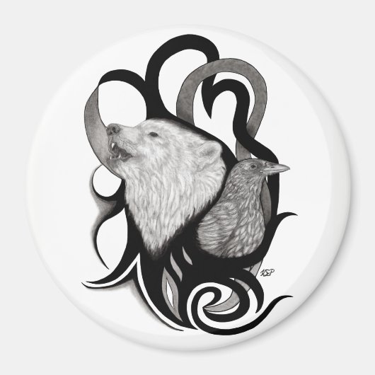 White Wolf mit Raven Tribal Art Magnet (Vorne)