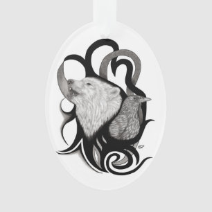 White Wolf mit Raven Tribal Art Ornament