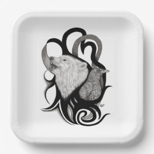 White Wolf mit Raven Tribal Art Pappteller