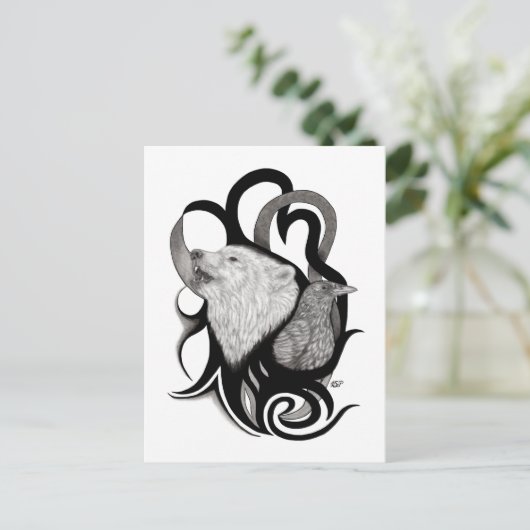 White Wolf mit Raven Tribal Art Postkarte (Stehend Vorderseite)