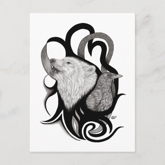 White Wolf mit Raven Tribal Art Postkarte (Vorderseite)