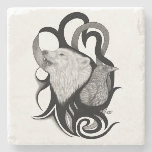 White Wolf mit Raven Tribal Art Steinuntersetzer