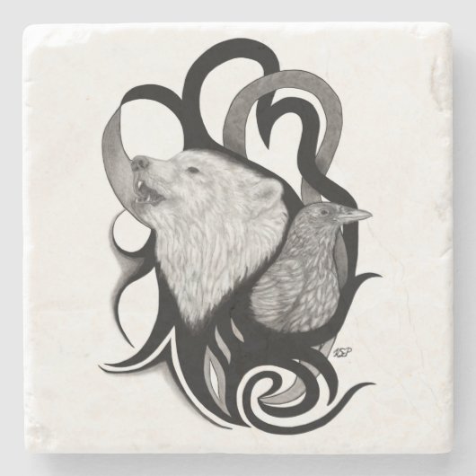 White Wolf mit Raven Tribal Art Steinuntersetzer (Vorderseite)