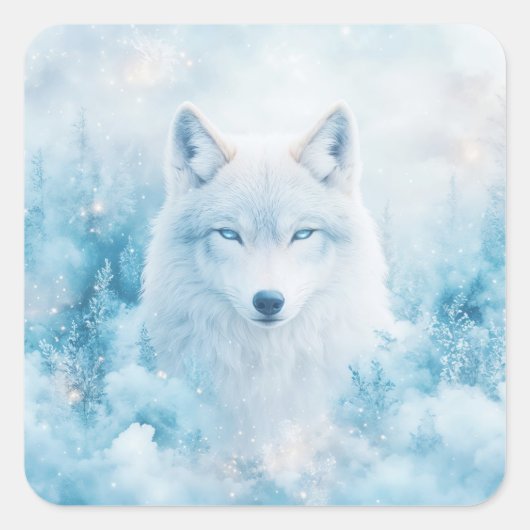 White Wolf Portrait with Blue Eyes in Snowy Forest Quadratischer Aufkleber (Vorderseite)