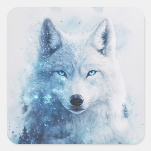 White Wolf Portrait with Piercing Blue Eyes Quadratischer Aufkleber (Vorderseite)