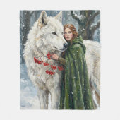 White Wolf Redhead Druid Winter Berries Fantasy Ar Fleecedecke (Vorderseite)