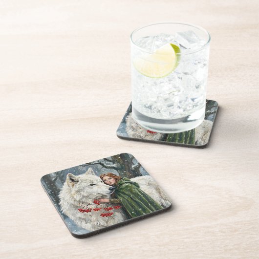 White Wolf Redhead Druid Winter Berries Fantasy Ar Getränkeuntersetzer (Rechte Seite)