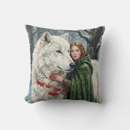 White Wolf Redhead Druid Winter Berries Fantasy Ar Kissen