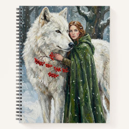 White Wolf Redhead Druid Winter Berries Fantasy Ar Notizblock